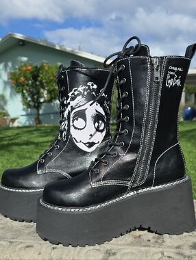 Dolls Kill Corpse Bride Black  Platform Lace-Up Boots with Side Zip